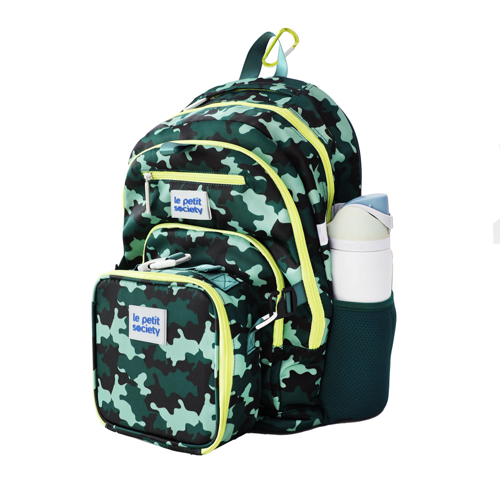 The LPS kids double pocket school bag and lunch bag bundle in camouflage print.
