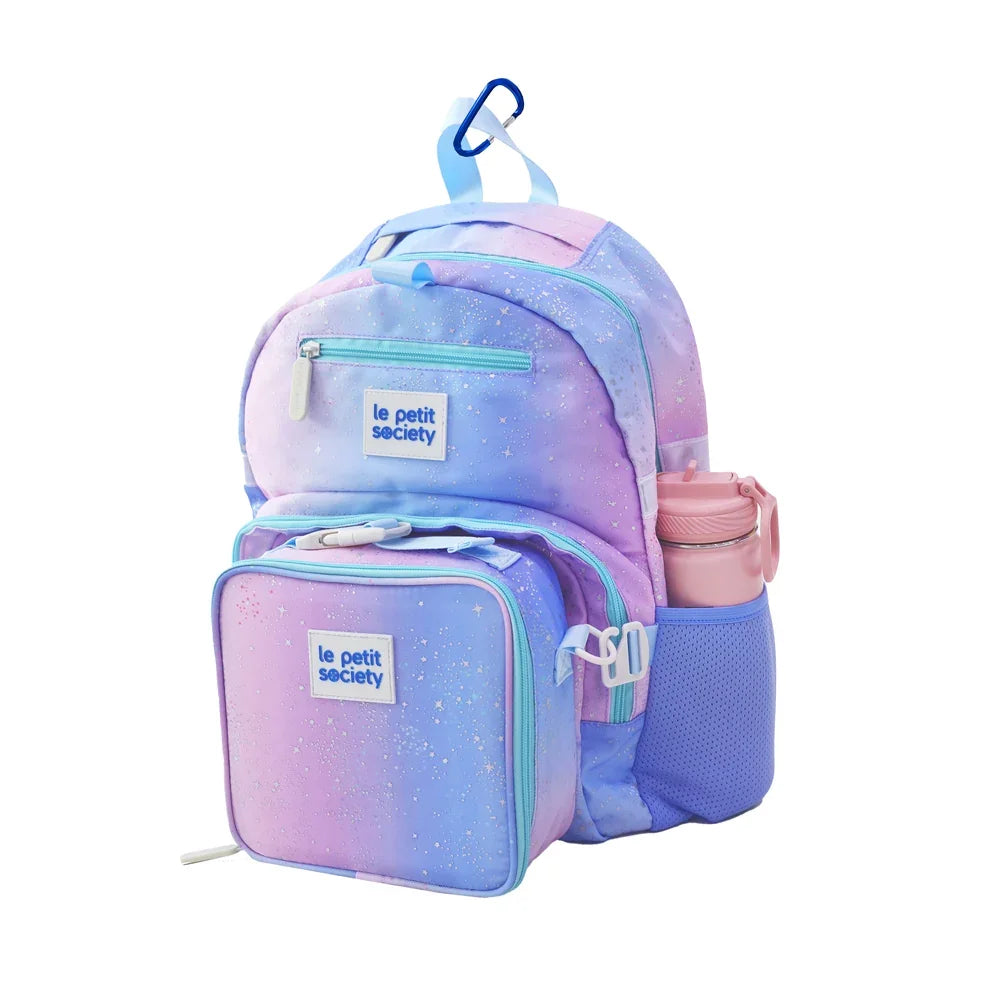 The LPS kids single pocket school bag and lunch bag bundle in an ombre purple and blue combination with space design.