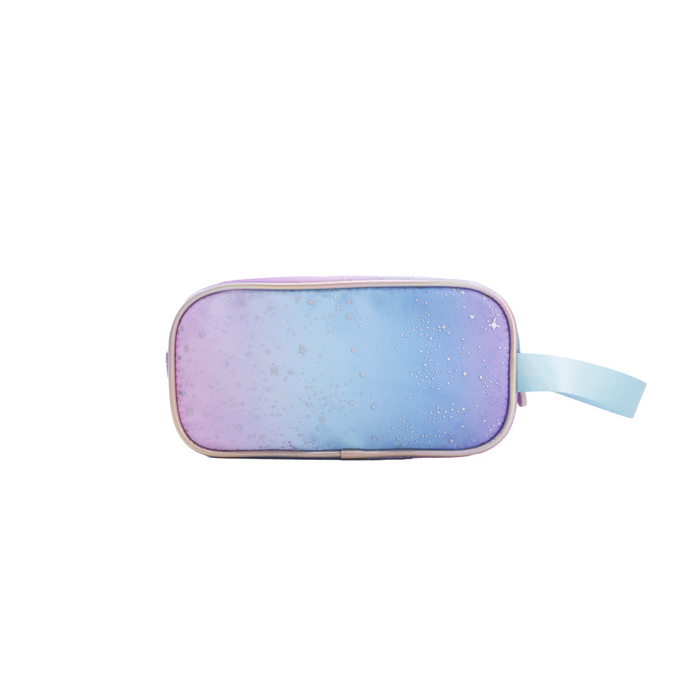 The back of a purple and blue gradient pencil case.