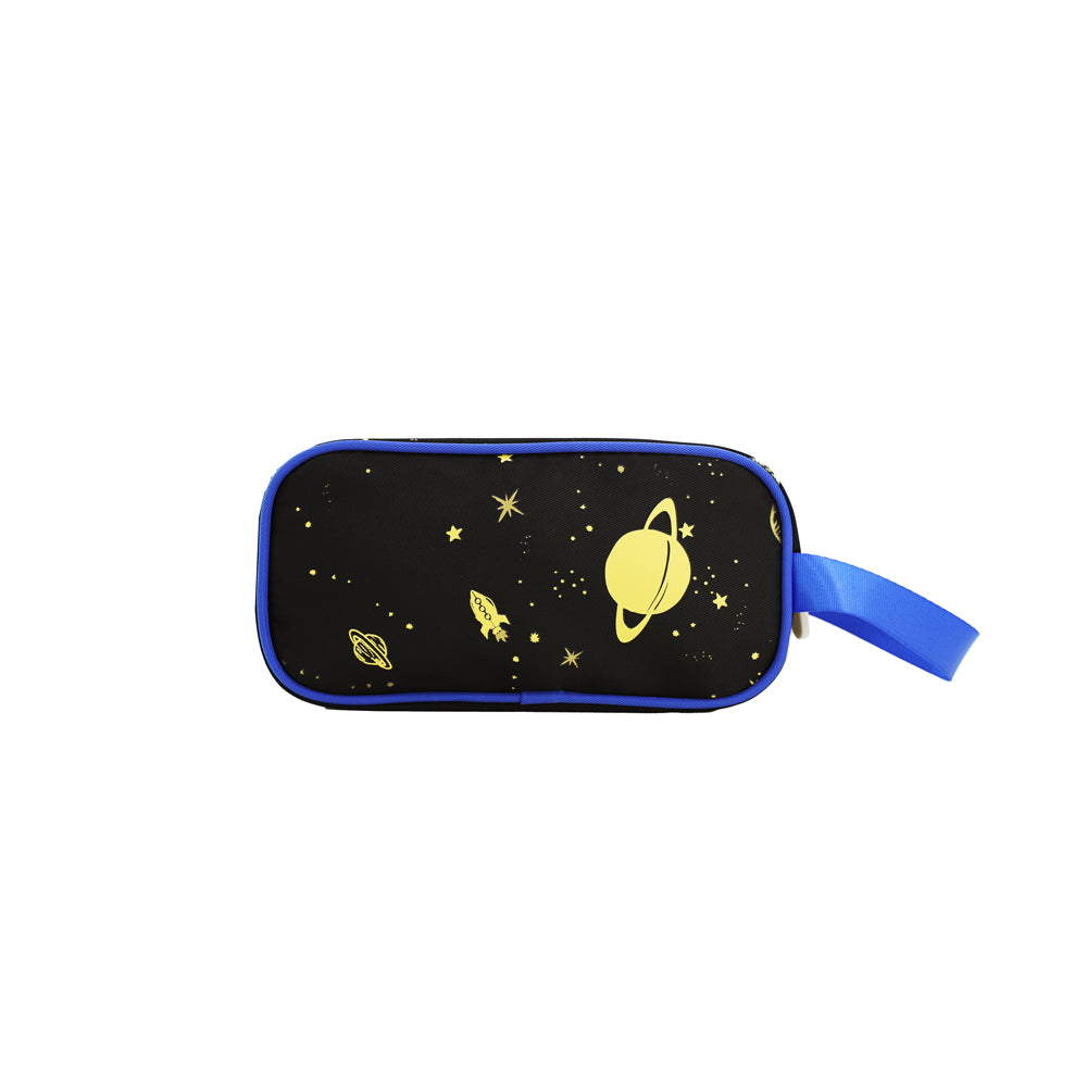 The back of a pencil case with a print of outer space and planets.
