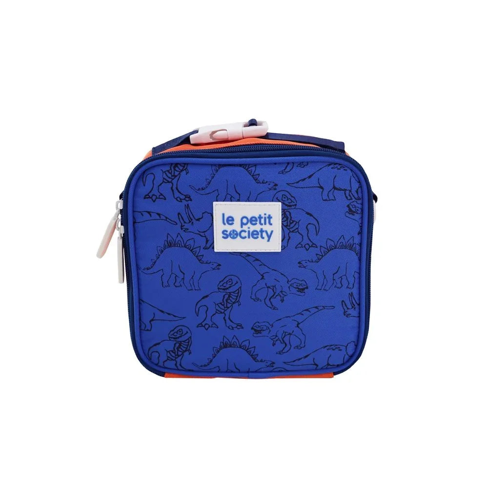 A blue and orange mini lunch bag with dinosaur print.
