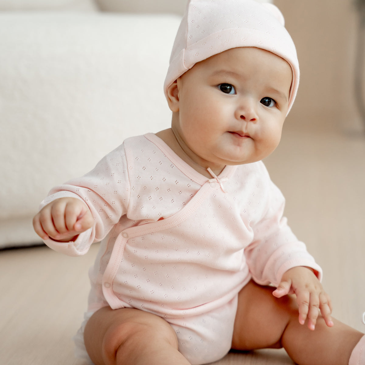 Baby Organic Long Sleeve Kimono Romper in Pink by Le Petit Society — image 14