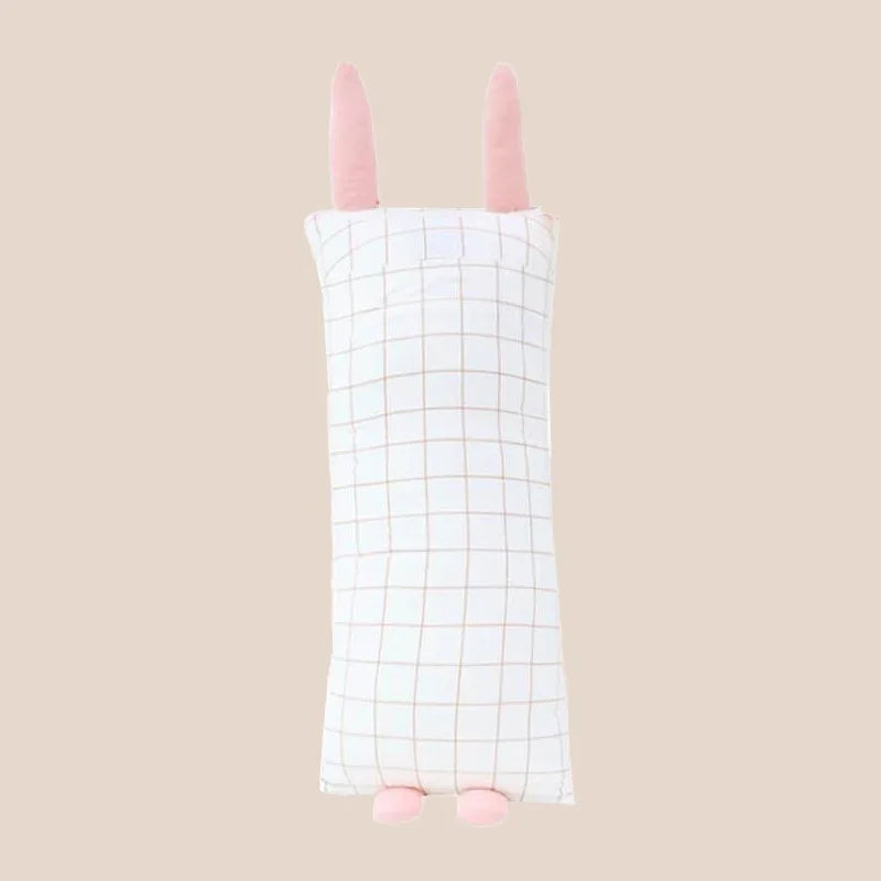 A kids' bamboo pillow with a pink bunny design in medium by Le Petit Society.