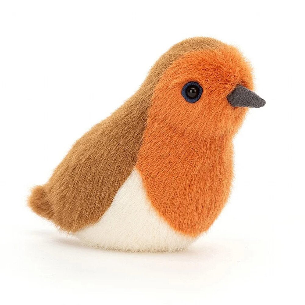 A front view of an adorable plush robin bird toy with soft orange, brown, and white fur, featuring a black beak and eyes.