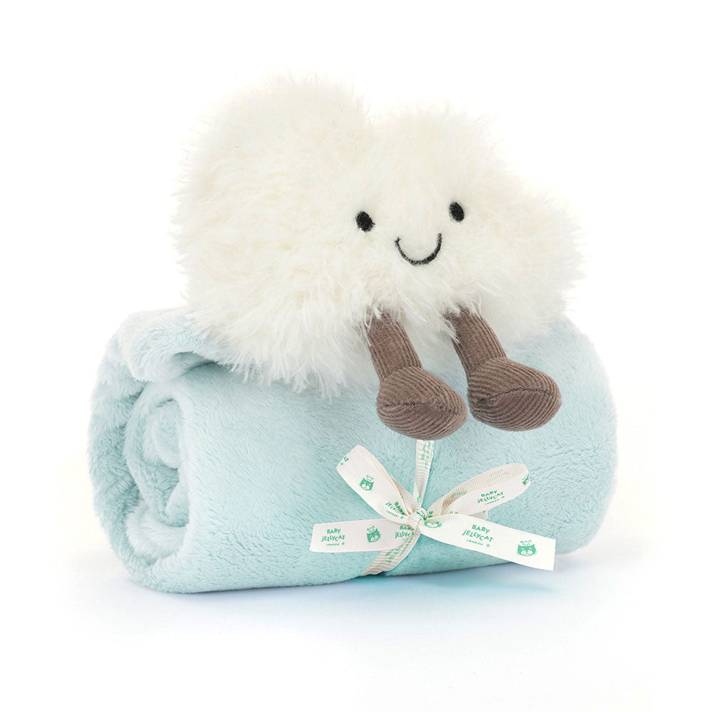 A front view of a light blue rolled-up baby soother tied with a white ribbon labeled “Baby Jellycat,” topped with a fluffy white cloud plush with black eyes, a smiling mouth, and brown corduroy legs.