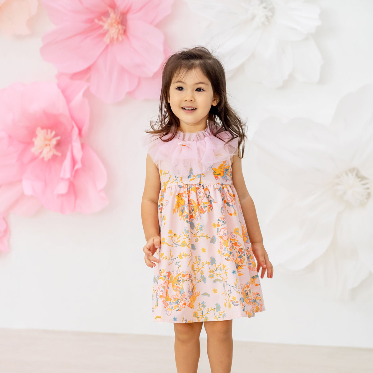 Dragon Series - Girls Ruffle Tulle Dress in Pink Floral Print by Le Petit Society — image 11