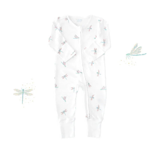 An organic baby zip sleepsuit from Le Petit Society. It is white with a print of dragonflies and foldable mittens and footies.