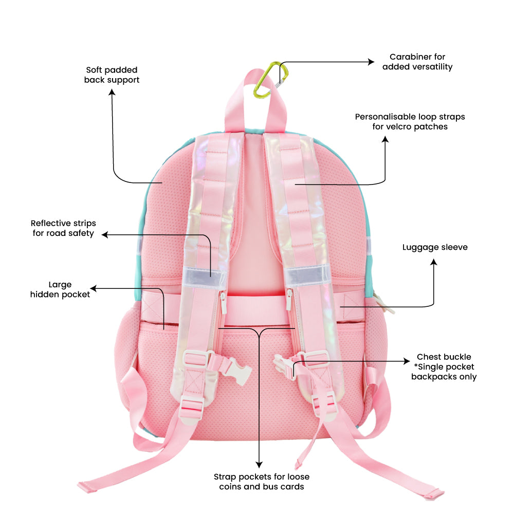 Various features of the LPS kids single pocket school bag.