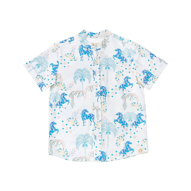 Zodiac Series - Boys Shirt in Teal Carnival Horse Print by Le Petit Society — image 8