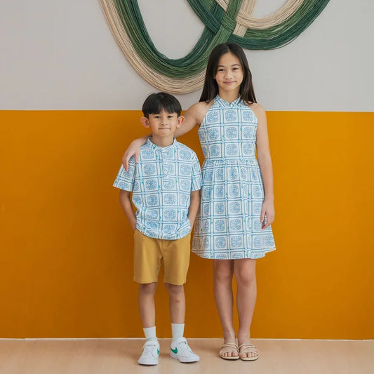 Heritage Series - Boys Jersey Shirt in Blue Peranakan Print by Le Petit Society — image 2