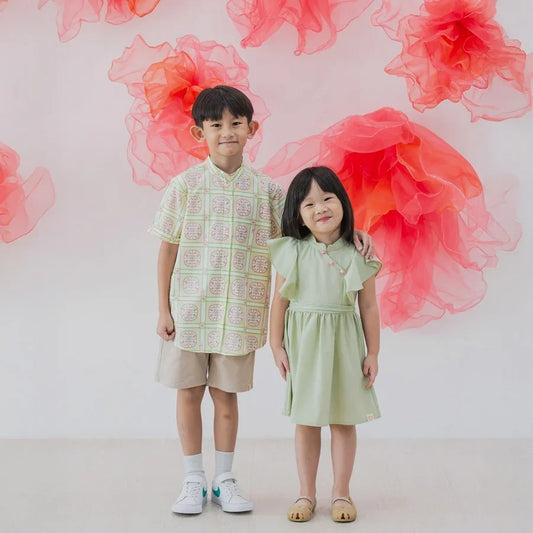 Heritage Series - Boys Shirt in Beige Peranakan Print by Le Petit Society — image 2
