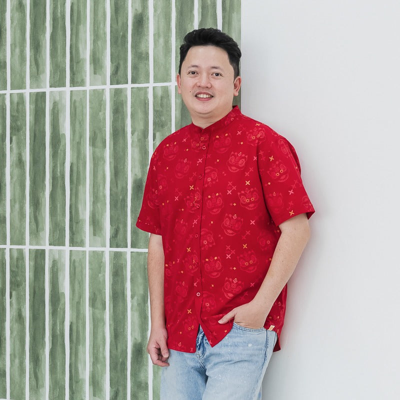 Lion Dance Series - Men's Shirt in Red Festive Lion Print (Classic Fit) by Le Petit Society — image 7