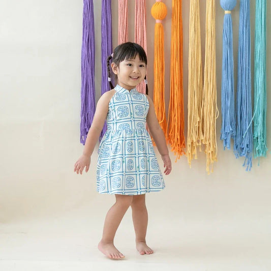 Heritage Series - Girls Cheongsam in Blue Peranakan Print by Le Petit Society — image 2