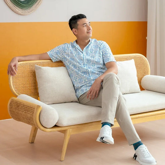 Heritage Series - Men's Mandarin Shirt in Blue Peranakan Print (Classic Fit) by Le Petit Society — image 2