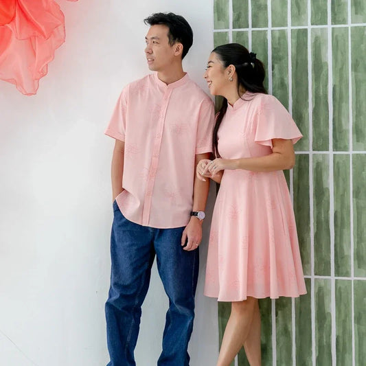 Heritage Series - Men's Mandarin Shirt in Pink Lilies (Classic Fit) by Le Petit Society — image 2