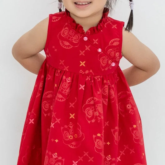 Lion Dance Series - Girls Cheongsam in Red Festive Lion Print by Le Petit Society — image 2