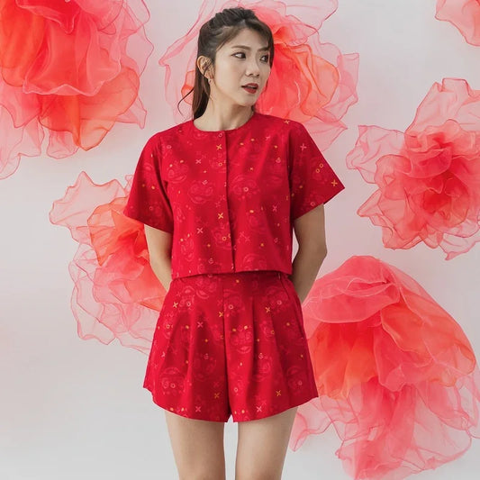 Lion Dance Series - Ladies Shorts in Red Festive Lion Print by Le Petit Society — image 2