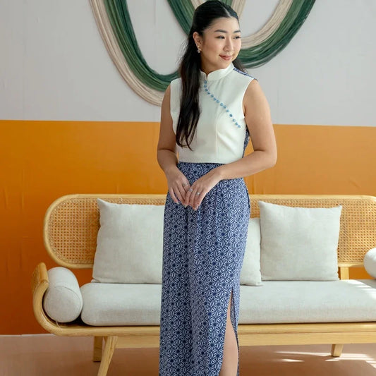Oriental Series - Ladies Cheongsam Top in Navy Wagara Print by Le Petit Society — image 2