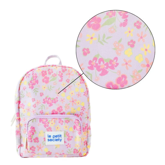 A close up of the floral print of a preschool bag.