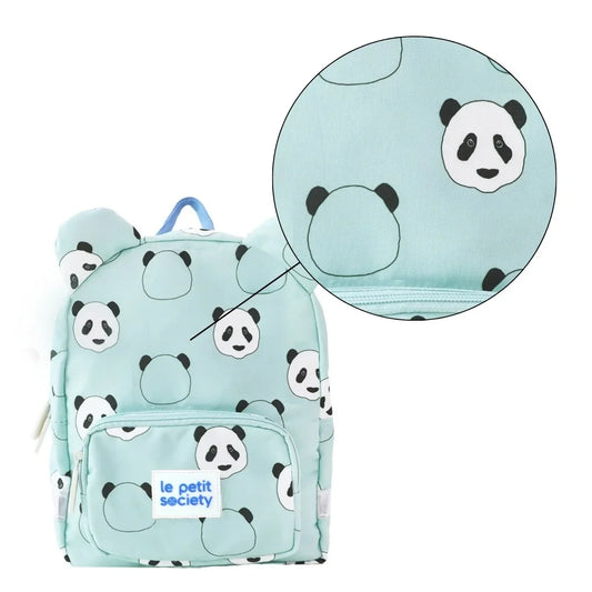 A close up of the panda print of a preschool bag.