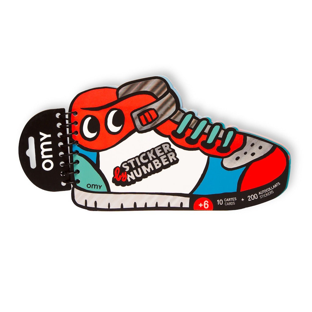 OMY Sticker by Number Activity Book – Shoe-Shaped Spiral Pad with 10 Cards and 200+ Stickers, Fun Creative Craft for Kids Ages 6+, Educational and Artistic Sticker Game