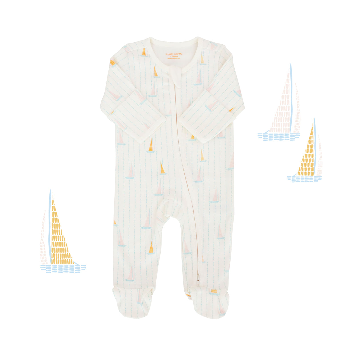 Baby Organic Zip Sleepsuit with Foldable Mittens & Footies in Sail Boat Print by Le Petit Society — image 17