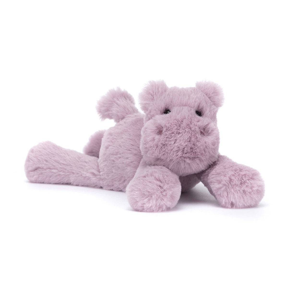 A 45 degree view of an adorable tiny plush hippo toy in soft pastel purple with a fluffy texture, round snout, and cuddly limbs.