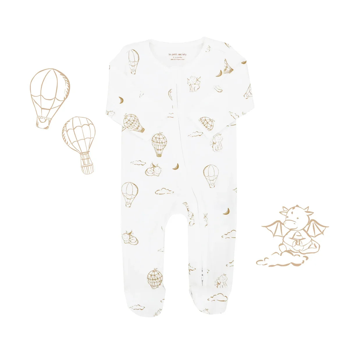 Baby Organic Zip Sleepsuit with Foldable Mittens & Footies - Dreamy Dragon in White by Le Petit Society — image 15
