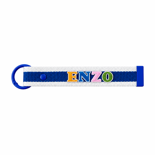 Le Petit Society personalisable bag tag in royal blue stripes
