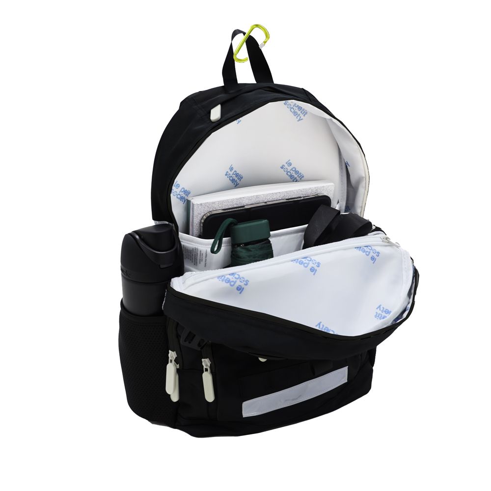 A black double pocket school bag containing an umbrella, a pencil case, notebooks, laptop and a water bottle.