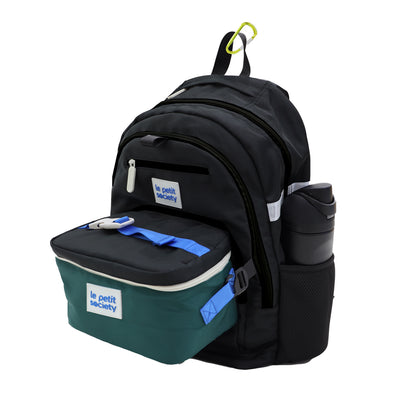 The LPS kids essential school bundle in black and green, consisting of a double pocket school bag and lunch bag.