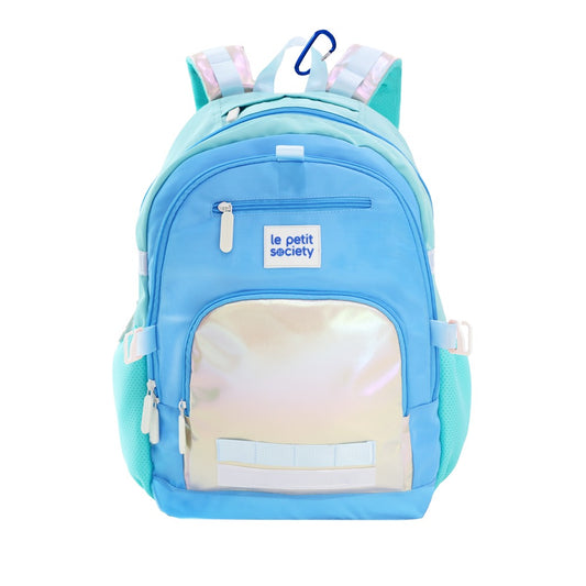 The LPS kids double pocket school bag in iridescent blue and silver.
