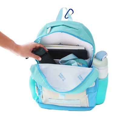 The LPS kids double pocket school bag containing an umbrella, a water bottle, pencil case, laptop and notebooks.