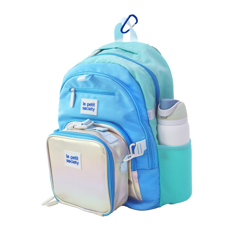 The double pocket school bag and lunch bag bundle in blue and silver.