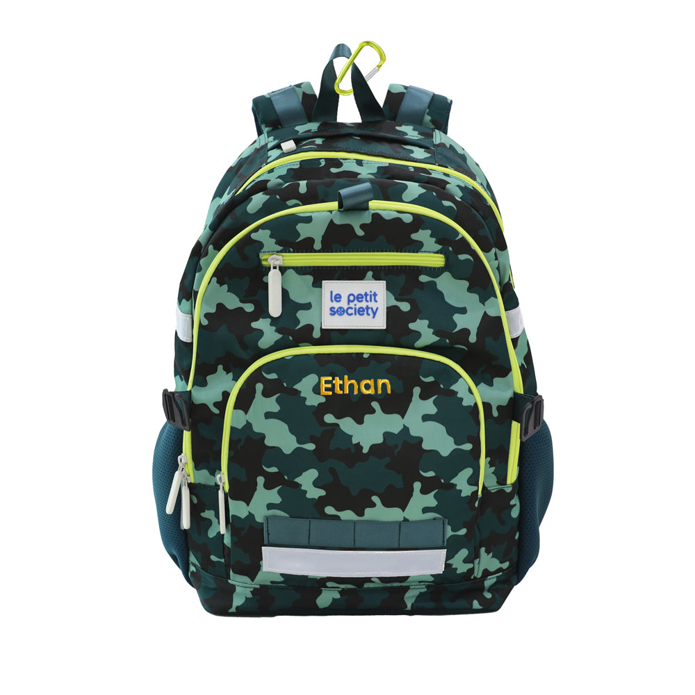 The LPS kids double pocket school bag with a camouflage print and personalised name embroidery.