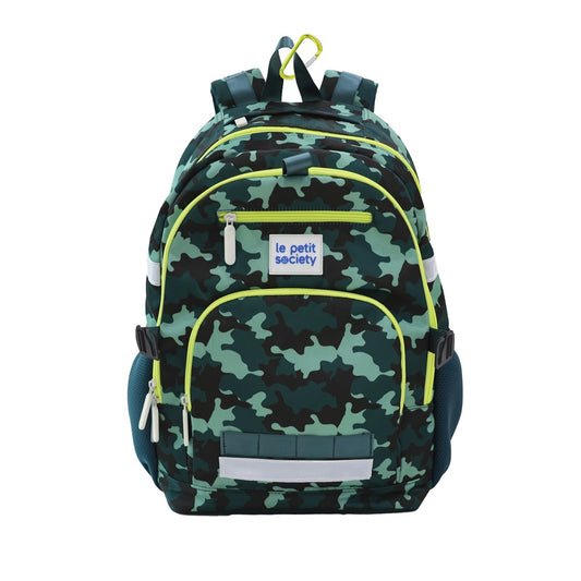 The LPS kids double pocket school bag in green camouflage print.