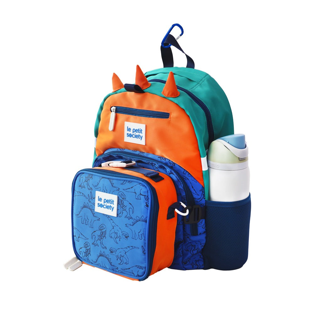 A single pocket school bag and lunch bag bundle in a dinosaur design.