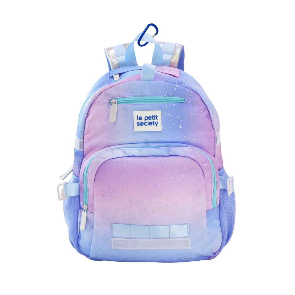 The LPS kids single pocket school bag in an ombre, purple and blue galaxy design.