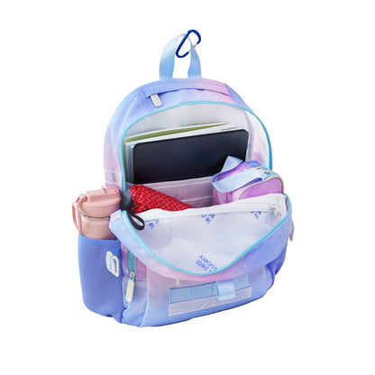 The interior of a school bag, containing a pencil case, umbrella, laptop, notebooks and water bottle.