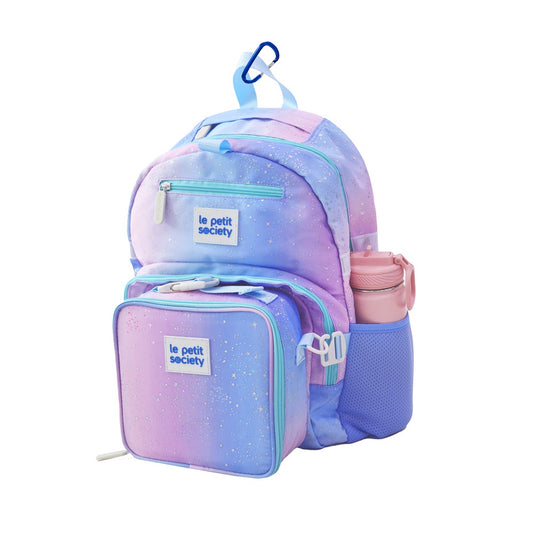 The single pocket school bag and lunch bag bundle in a purple galaxy design.