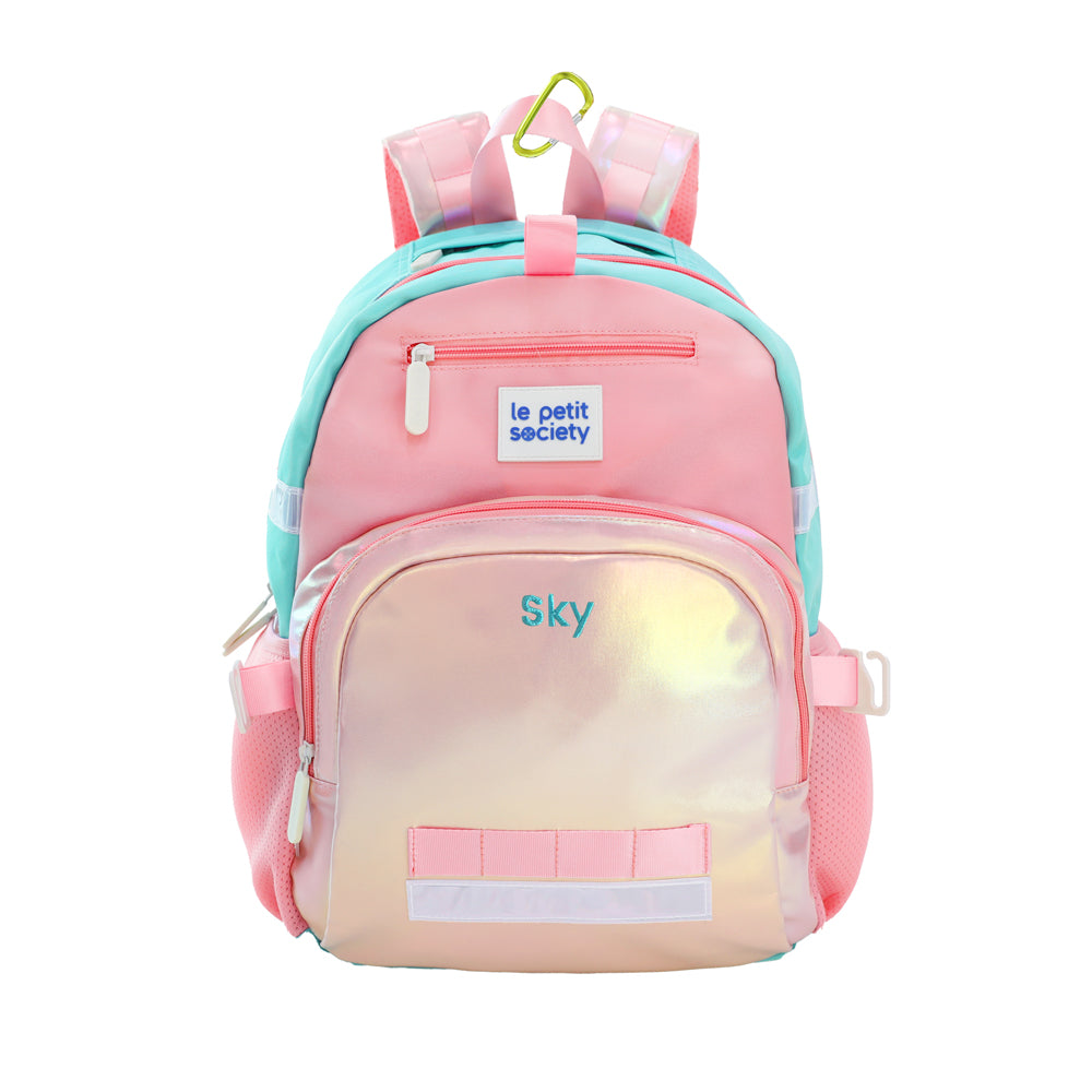 The LPS kids single pocket school bag with an iridescent pink and gold design and a personalised name embroidery.