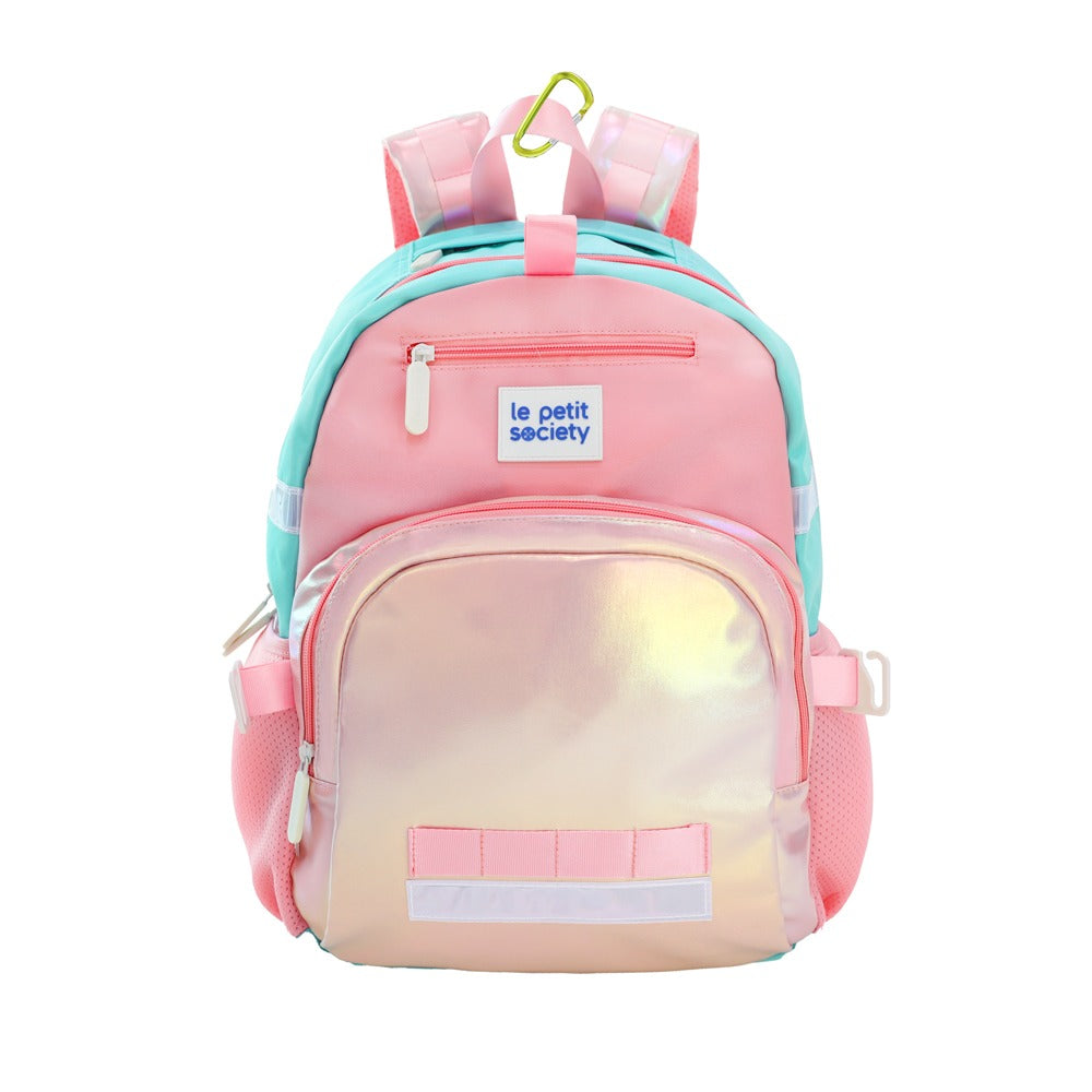 The LPS kids single pocket school bag in an iridescent pink and gold design.
