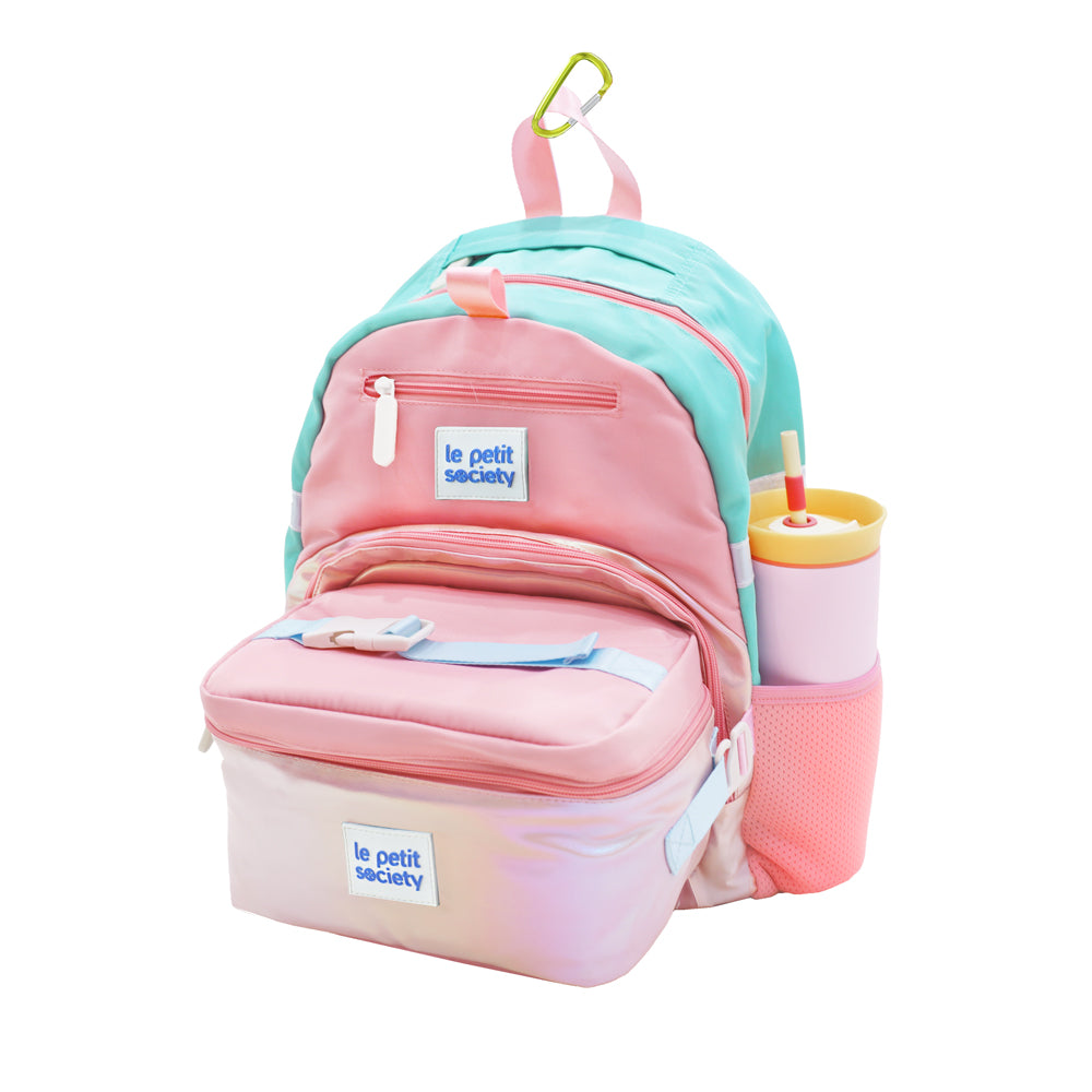 The LPS kids single pocket school bag and lunch bag bundle in a pink design.