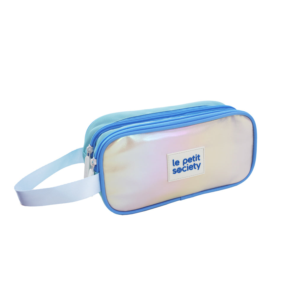 An iridescent blue and silver pencil case with double zips and a blue handle.
