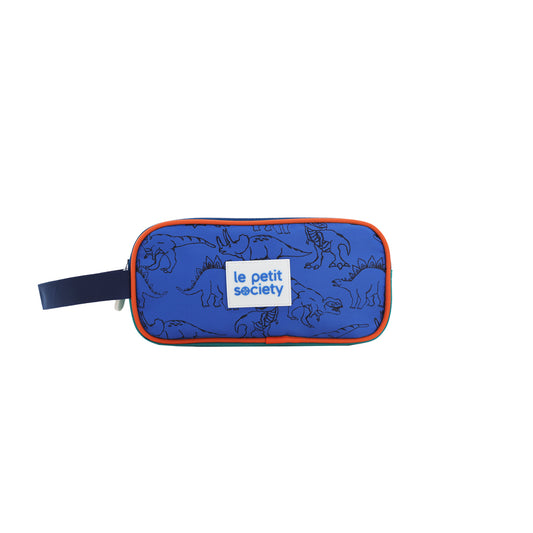 Le Petit Society's blue and orange double zip pencil case with a dinosaur print.