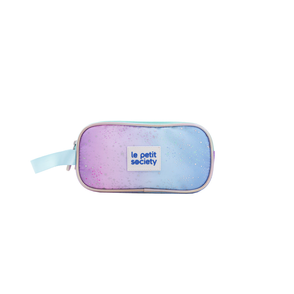 A purple and blue gradient pencil case with a galaxy print, blue handle and double zips from Le Petit Society. 