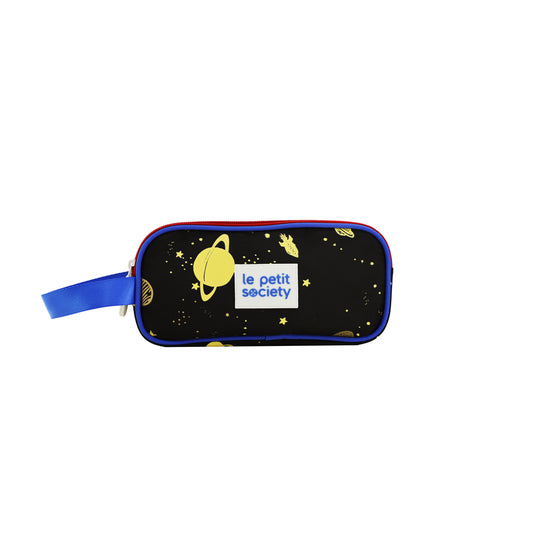 Le Petit Society's black and red double zip pencil case with a planets print.