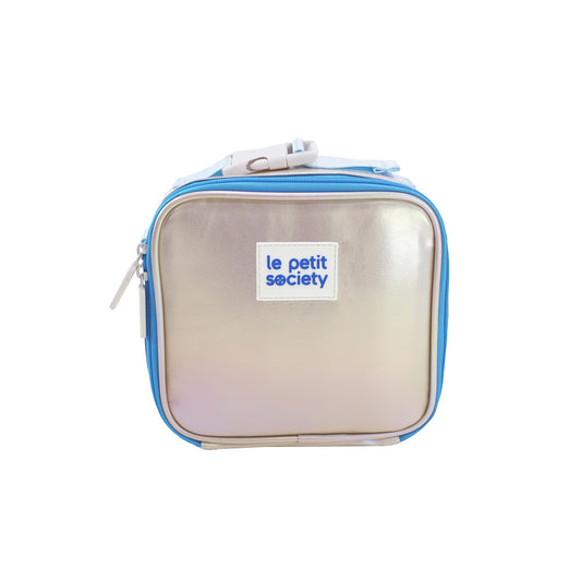 A thermal mini lunch bag in an iridescent blue and silver design.