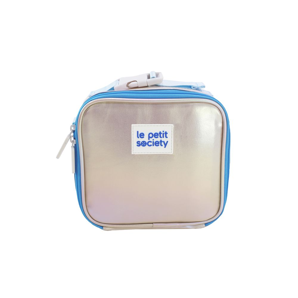 A mini lunch bag in blue and silver.