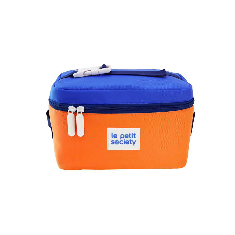 A cobalt blue and orange colourblock lunch bag.